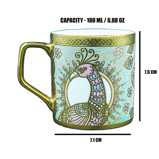 Premium Ceramic Crowned Peacock Coffee & Tea Cup Set of 6, 180 ML, Femora