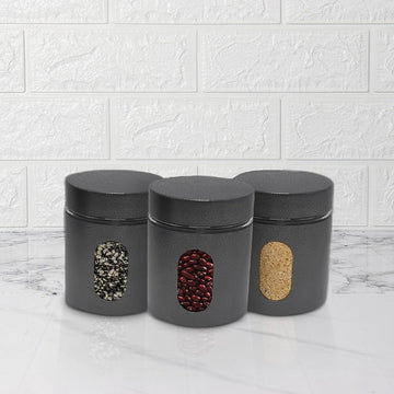 Femora Carbon Steel Jar for Kitchen Storage with Clear Glass Window and Carbon Steel Lid, 300 ml, Set Of 3, Free Replacement of Lids
