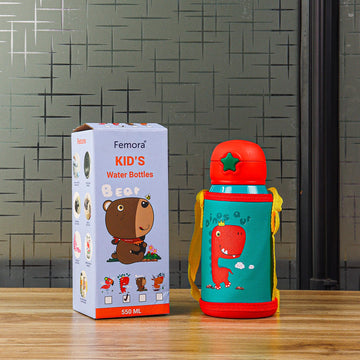 Stainless Steel Kids Crown Dinosaur Design Hot & Cold Thermo Steel Green Water Bottle, 550 ML, Femora