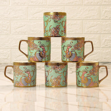 Premium Ceramic Wandering Peacock Coffee & Tea Cup Set of 6, 180 ML, Femora