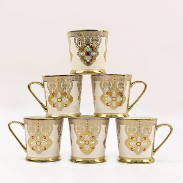 Premium Ceramic Gold Red Floral Print Coffee & Tea Cup Set of 6, 180 ML, Femora