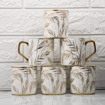 Premium Ceramic Pastel Tropical Leaves Coffee & Tea Cup Set of 6, 180 ML, Femora
