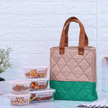 Borosilicate Glass Lunch Box Green Canvas Bag Femora, 180 ML, 300 ML, 620 ML, 5 Pcs