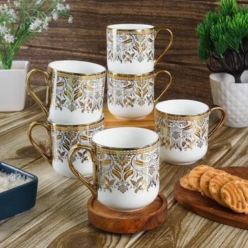 Premium Ceramic Royal Golden Leaves Coffee & Tea Cup Set of 6, 180 ML, Femora