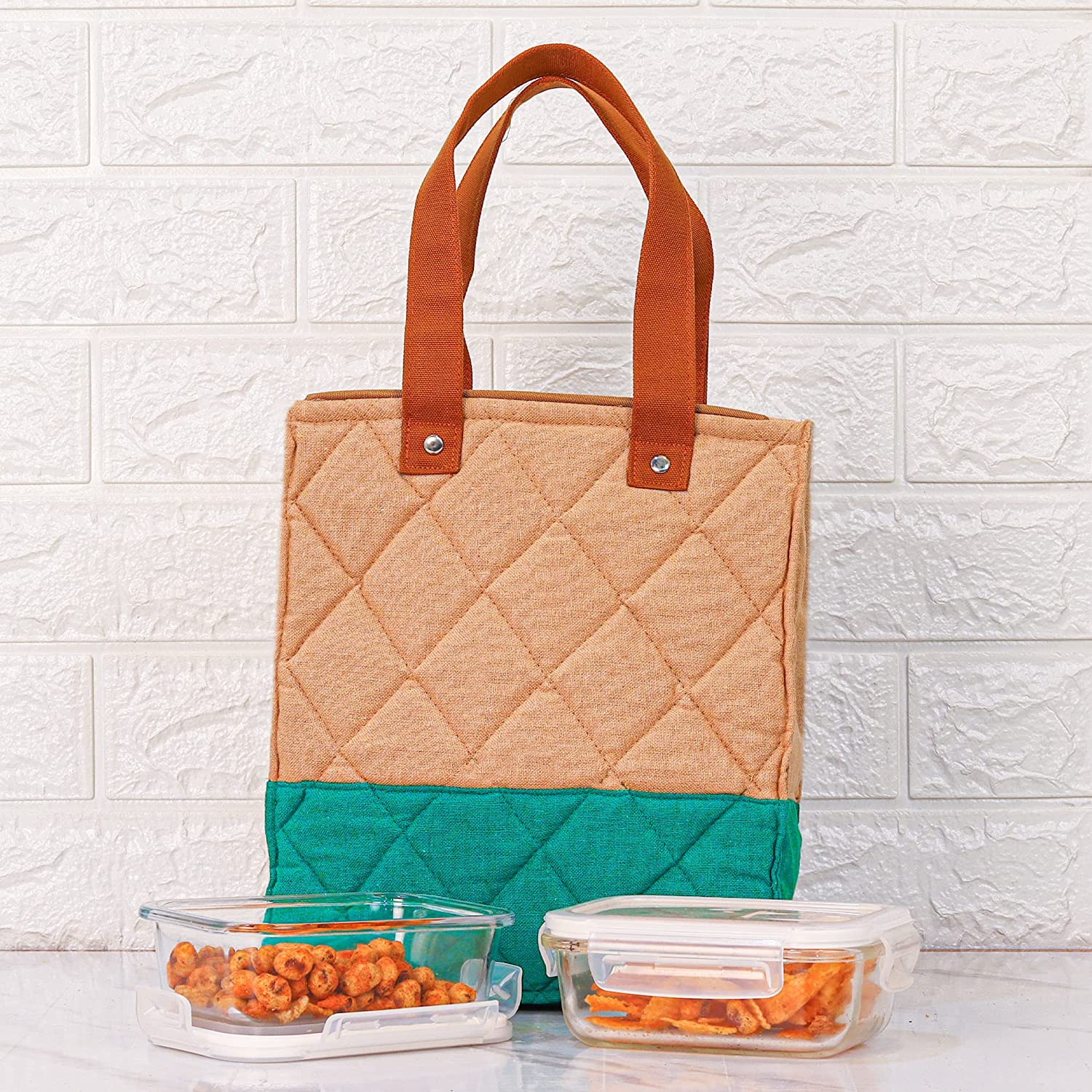 Borosilicate Glass Lunch Box Green Canvas Bag Femora, 400 ML, 2 Pcs