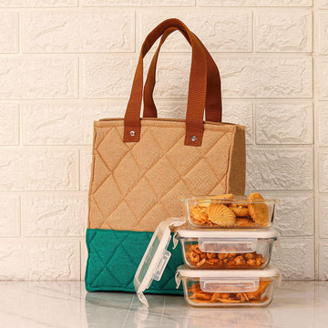 Borosilicate Glass Lunch Box Green Canvas Bag Femora, 400 ML, 3 Pcs