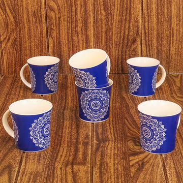 Femora Abstract Lotus Pattern Tea Cups, Ceramic Tea Cups, Coffee Mugs (160 ml) - 6 Pcs Set (Blue)