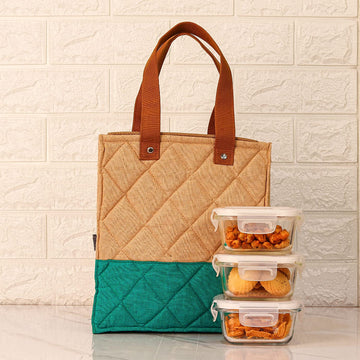 Borosilicate Glass Lunch Box Green Canvas Bag Femora, 300 ML, 3 Pcs