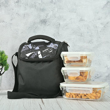 Borosilicate Glass Square & Rectangle Lunch Box with Black Bag,300 ML & 620 ML, Femora
