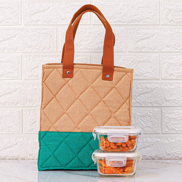 Borosilicate Glass Lunch Box Green Canvas Bag Femora, 300 ML, 2 Pcs
