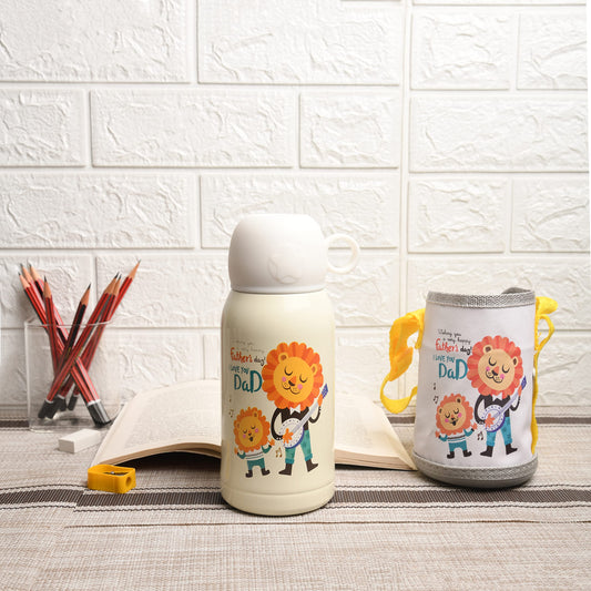 Kids Lion Design Hot & Cold Thermosteel Water Bottle with Bag, 550 ML, 1 Pc, Femora