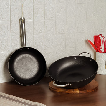 Cast Iron Cookware Set of Kadhai & Frypan, 2 Pcs, Femora