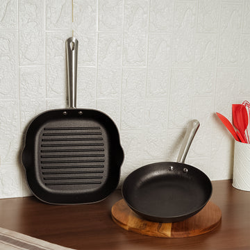 Cast Iron 2 Pc FryPan, 24 cm Round & Grill Pan 28 cm Square,2 Pcs, Femora