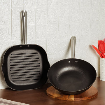 Cast Iron 2 Pc FryPan, 28 cm Round & Grill Pan 28 cm Square,2 Pcs, Femora