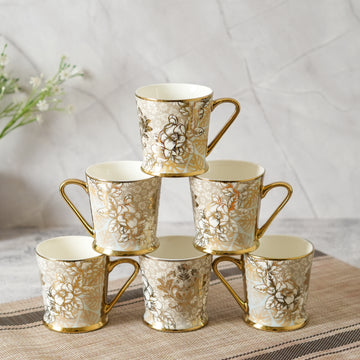 Premium Ceramic Free Spirit Floral Coffee & Tea Cup Set of 6, 180 ML, Femora