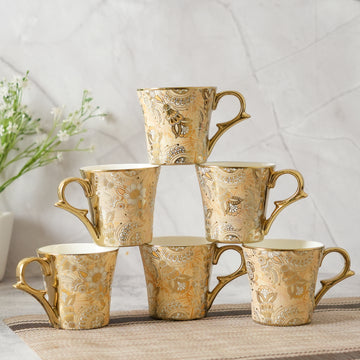 Premium Ceramic Bridal Mehendi Gold Pattern Coffee & Tea Cup Set of 6, 180 ML, Femora
