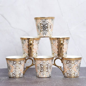 Premium Ceramic Ethnic Desert Sand Gold Coffee & Tea Cup Set of 6, 180 ML, Femora