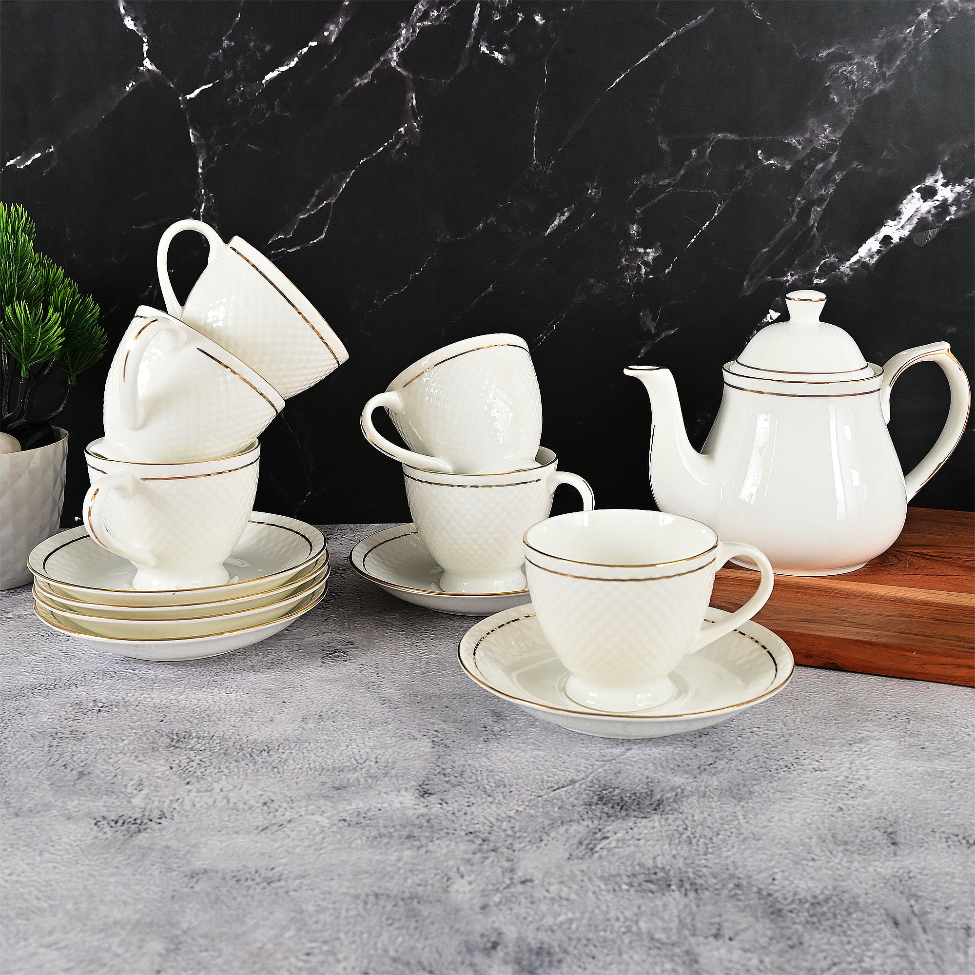Femora Ceramic Gold Line Diamond Cut White Tea Cups & Saucer Tea Kettle Set -200 ml Set of 13 (6 Cups, 6 Saucer, 1 Kettle)