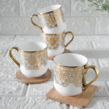 Premium Ceramic Fab Pattern Coffee & Tea Cup Set of 4, 180 ML, (NOT Microwave Safe)