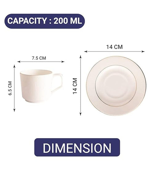 Femora Ceramic Gold Line with Vertical Bar White Ceramic Tea Cups and Saucers with Tea Kettle Set -200 ml Set of 13 (6 Cups, 6 Saucer, 1 Kettle)