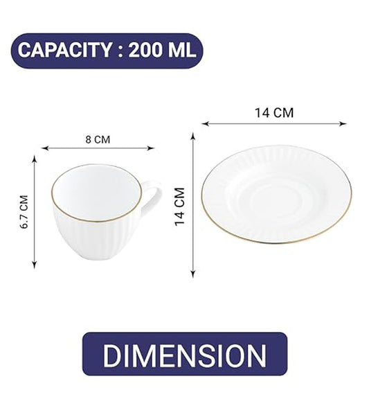 Femora Golden Vertical Line Pattern White Ceramic Tea Cups and Saucers with Tea Kettle Set -200 ml Set of 13 (6 Cups, 6 Saucer, 1 Kettle)