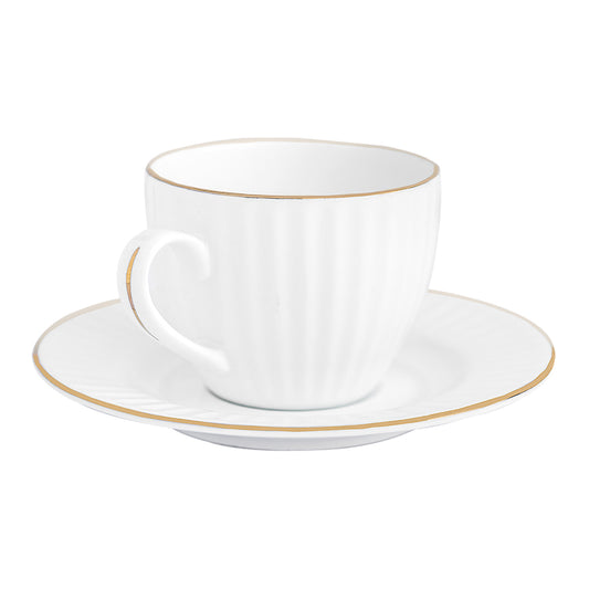 Ceramic Golden Vertical Line Pattern White Tea Cups Set with Saucer, 200 ML, 6 Cups, 6 Saucers, Femora