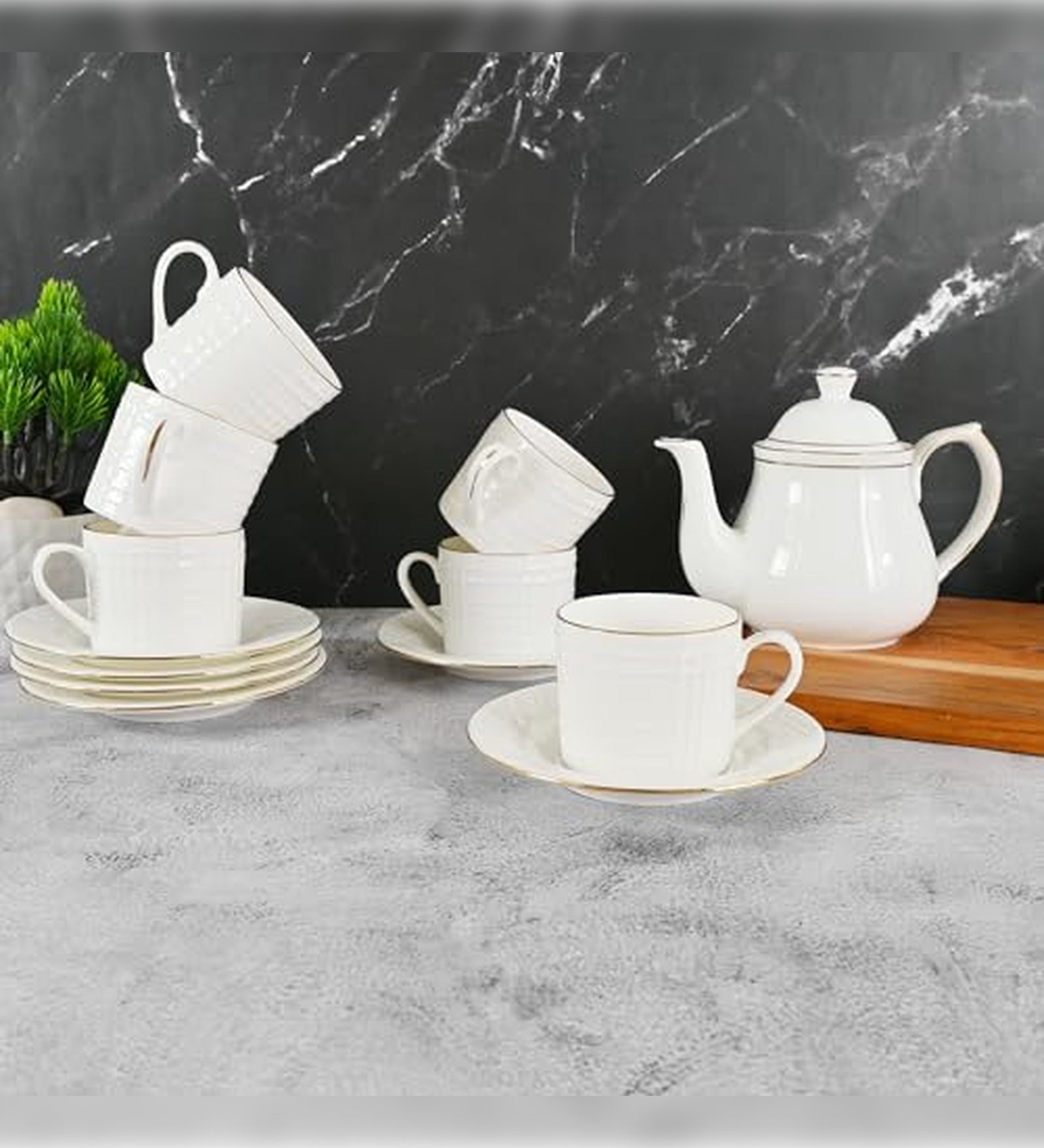 Femora Gold Line Square Cut White Ceramic Cups & Saucer Tea Kettle Set -200 ml Set of 13 (6 Cups, 6 Saucer, 1 Kettle)