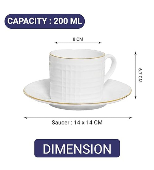 Femora Gold Line Square Cut White Ceramic Cups & Saucer Tea Kettle Set -200 ml Set of 13 (6 Cups, 6 Saucer, 1 Kettle)