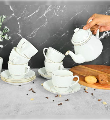 Femora Double Gold Line Diamond Cut White Ceramic Tea Cups and Saucers with Tea Kettle Set -200 ml Set of 13 (6 Cups, 6 Saucer, 1 Kettle)