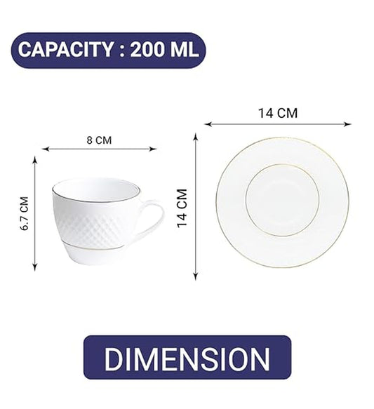 Femora Double Gold Line Diamond Cut White Ceramic Tea Cups and Saucers with Tea Kettle Set -200 ml Set of 13 (6 Cups, 6 Saucer, 1 Kettle)
