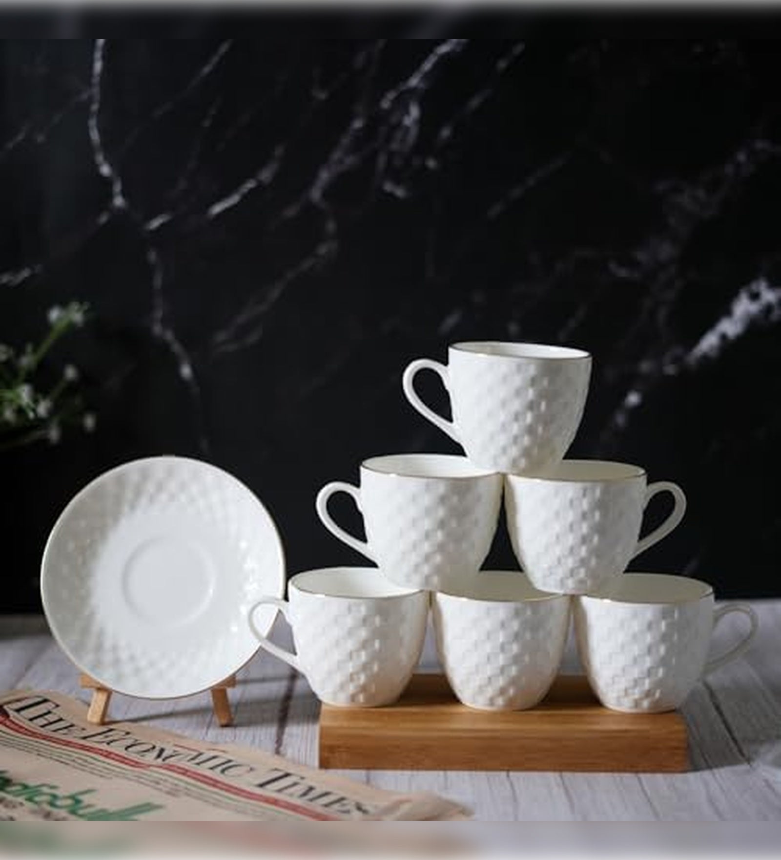 Femora Gold Line Tile Cut White Ceramic Tea Cups and Saucers with Tea Kettle Set -200 ml Set of 13 (6 Cups, 6 Saucer, 1 Kettle)