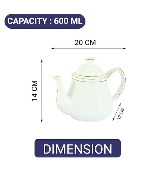 Femora Gold Line Tile Cut White Ceramic Tea Cups and Saucers with Tea Kettle Set -200 ml Set of 13 (6 Cups, 6 Saucer, 1 Kettle)