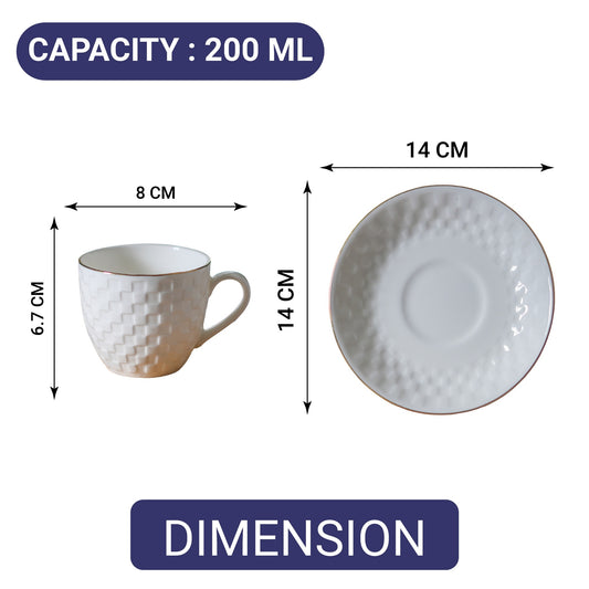 Ceramic Gold Line Tile Cut White Tea Cups Set with Saucer, 200 ML, 6 Cups, 6 Saucers, Femora
