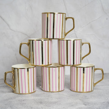 Premium Ceramic Decorative Pink Gold Line Coffee & Tea Cup Set of 6, 180 ML, Femora