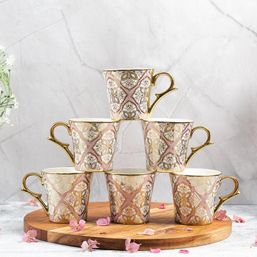 Femora Moroccan Leaf Golden Pink Ceramic Tea and Coffee Mugs, (180 ml, Golden) - 6 Pcs Set (NOT Microwave Safe)