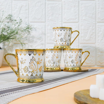 Premium Golden Leaf Ceramic Royal Crowned Coffee & Tea Cup Set of 4, 180 ML