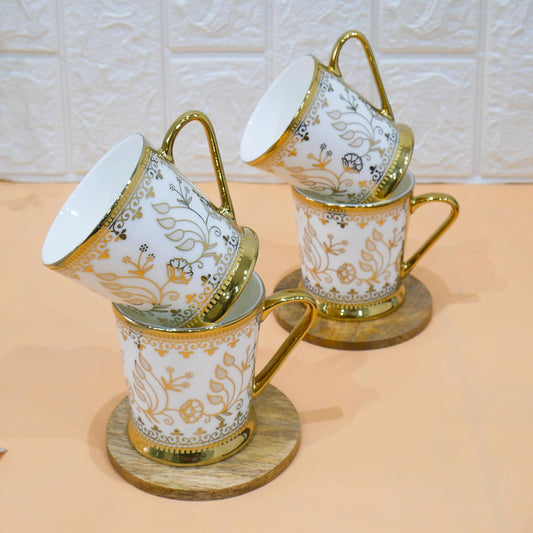 Premium Golden Leaf Ceramic Royal Crowned Coffee & Tea Cup Set of 4, 180 ML