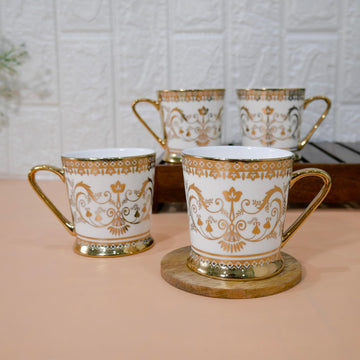 Premium Golden Rangoli Print Ceramic Coffee & Tea Cup Set of 4, 160 ML