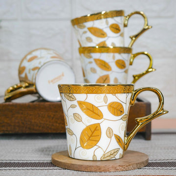 Premium Gold Orange Traditional Leaf Pattern Design Ceramic Coffee & Tea Cup Set of 4, 160 ML