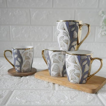 Premium Arum Lilies Golden Ceramic Coffee & Tea Cup Set of 4, 180 ML, Femora