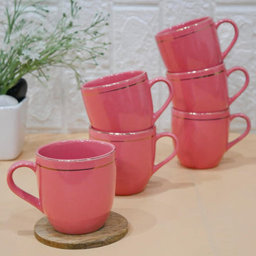Ceramic Coffee Mug, 22k Liquid Double Gold Line Tea Cups, Stackable, Chip Resistant, 180 ML, Pack of 6,