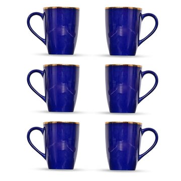 Gold Line Design Ceramic Coffee Mug, Tea cups Set of 6 (320ml) Royal Blue Gold Line