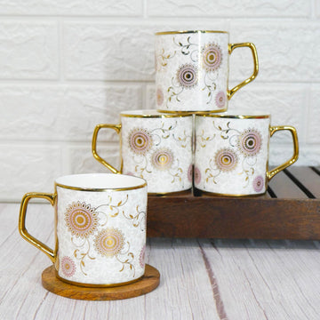 Gold Mandala Print Design Ceramic Coffee & Tea Cup Set of 4, 180 ML