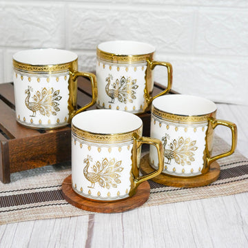 Premium Peacock On White Design Ceramic Coffee & Tea Cup Set of 4, 180 ML