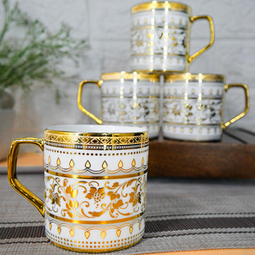 Premium Royal Golden Sage Print Design Ceramic Coffee & Tea Cup Set of 4, 180 ML