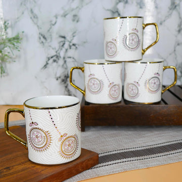 Premium Golden Flower Branch Print Design Ceramic Coffee & Tea Cup Set of 4, 180 ML
