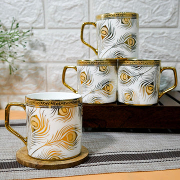 Premium Golden Peacock Feather Pattern Design Ceramic Coffee & Tea Cup Set of 4, 180 ML