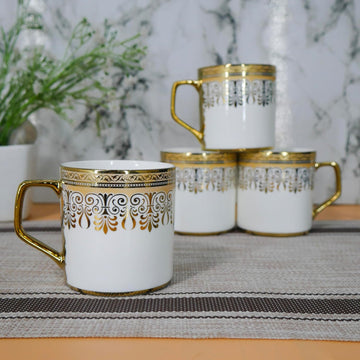 Premium Gold Safron Mandana Bandanwar Print Design Ceramic Coffee & Tea Cup Set of 4, 180 ML
