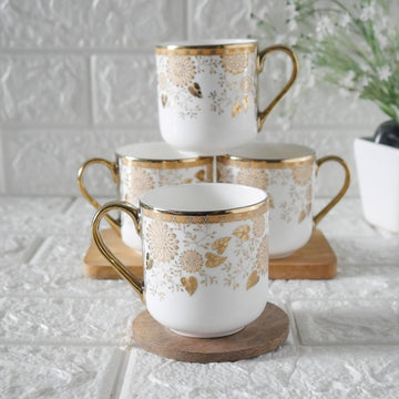 Premium Tea Leaf Design Ceramic Coffee & Tea Cup Set of 4, 180 ML, (NOT Microwave Safe)