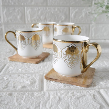 Premium Gold Motif Design Tea Mugs, Ceramic Tea Cups, Coffee & Tea Cup Set of 4, 180 ML, (NOT Microwave Safe)